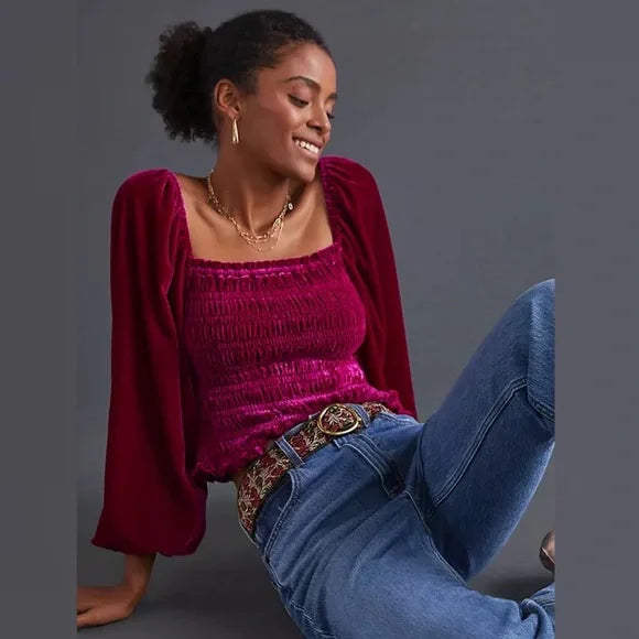 Anthropologie Velvet Smocked Puff Sleeve Top